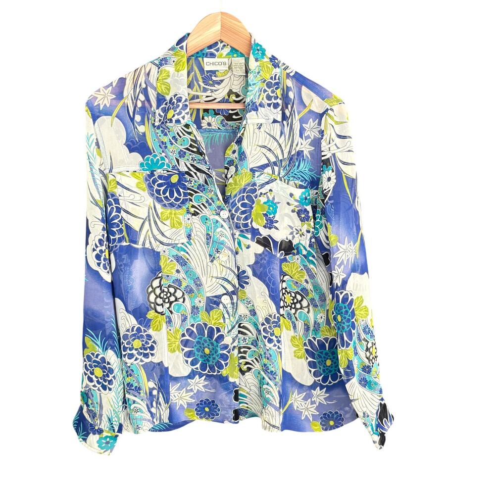 Chico's Silk Floral Blouse M Blue Green White Top Shirt Coastal Old Money Chicos